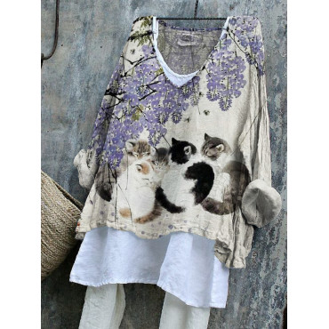 Cats under Floral Tree Japanese Art Flowy Tunic