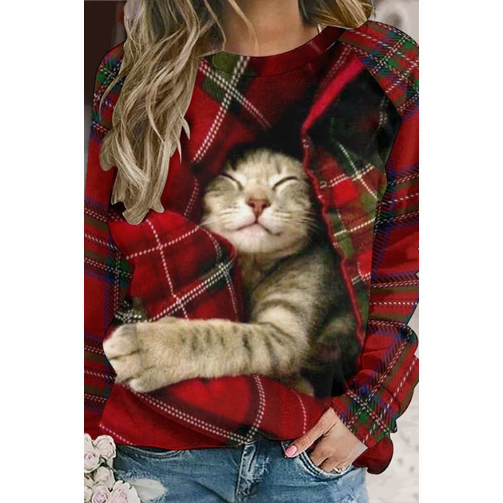 Check Cat Print Crew Neck Long Sleeve Sweatshirt