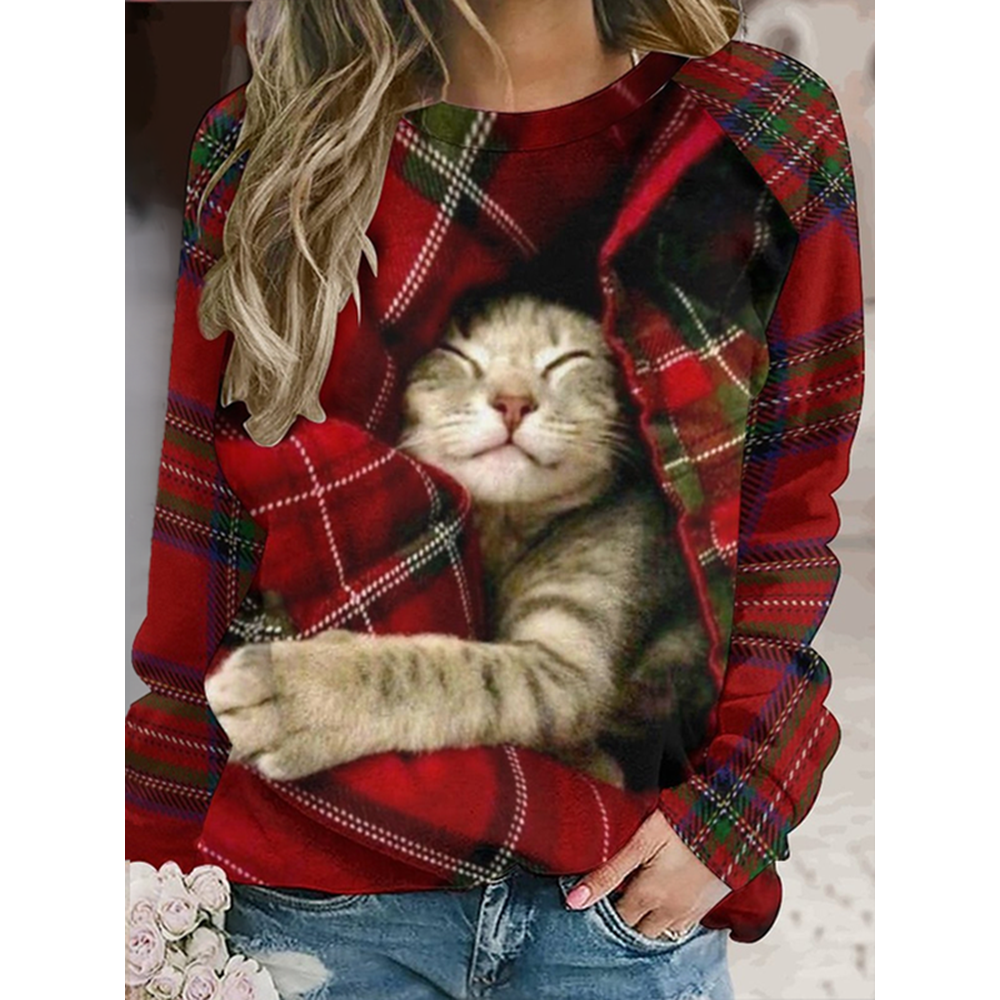 Check Cat Print Crew Neck Long Sleeve Sweatshirt
