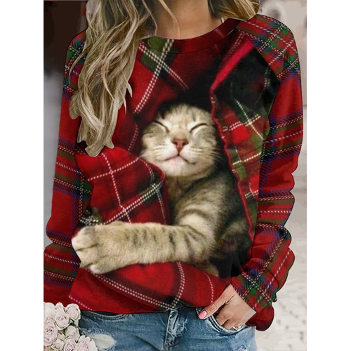 Check Cat Print Crew Neck Long Sleeve Sweatshirt