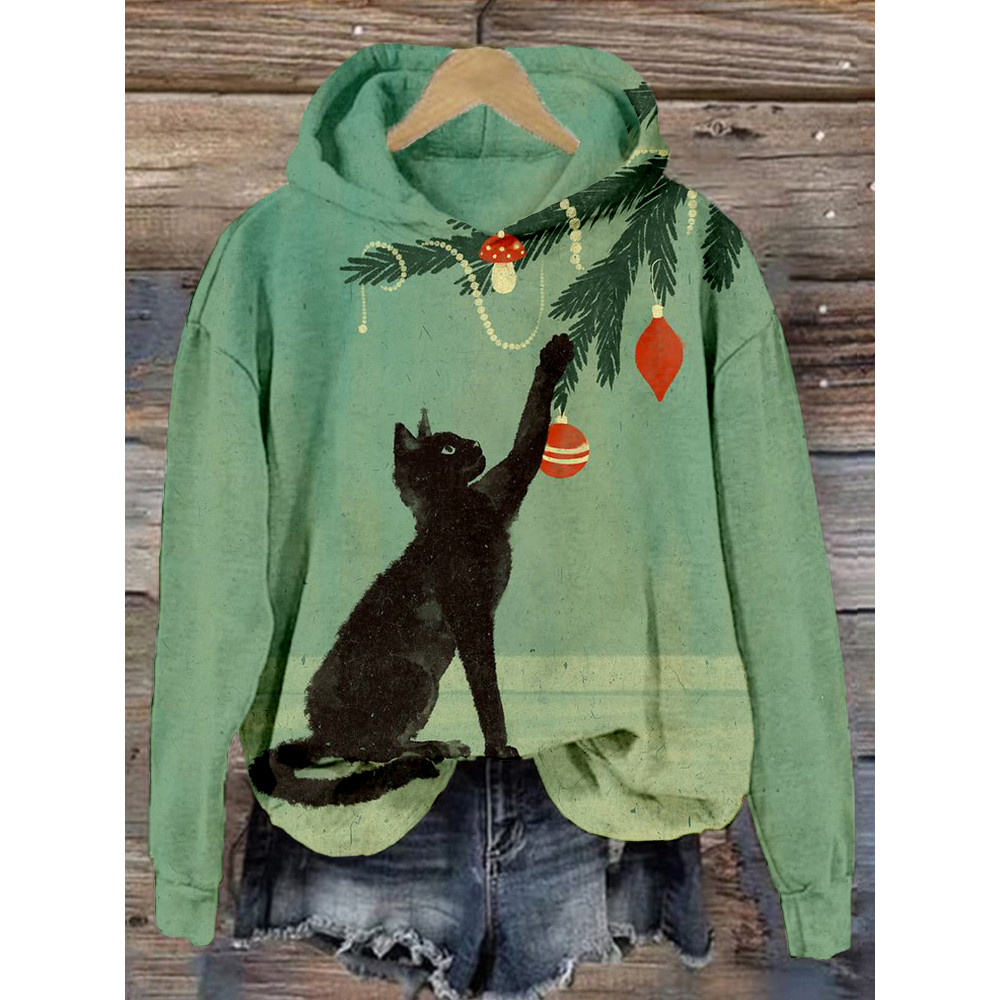Christmas Black Cat Art Vintage Cozy Hoodie