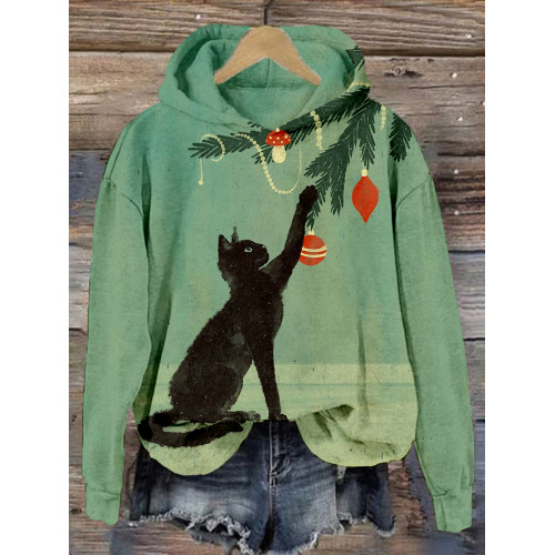 Christmas Black Cat Art Vintage Cozy Hoodie