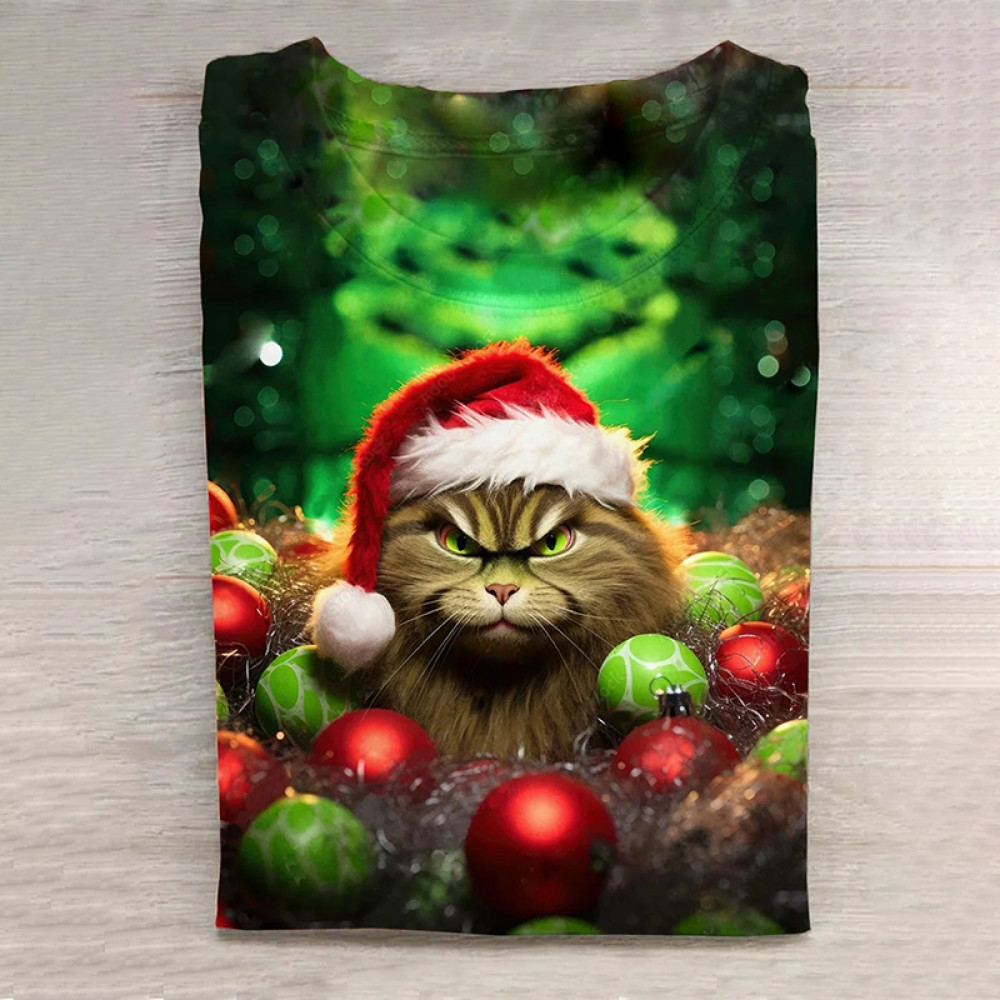 Christmas Cat Art Print Casual Long Sleeve T-Shirt