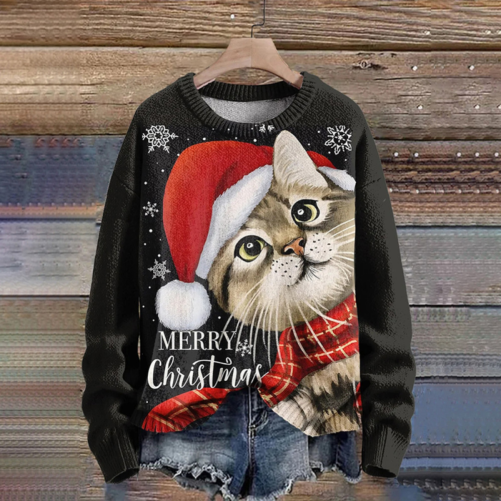 Christmas Cat Art Print Knit Pullover Sweater