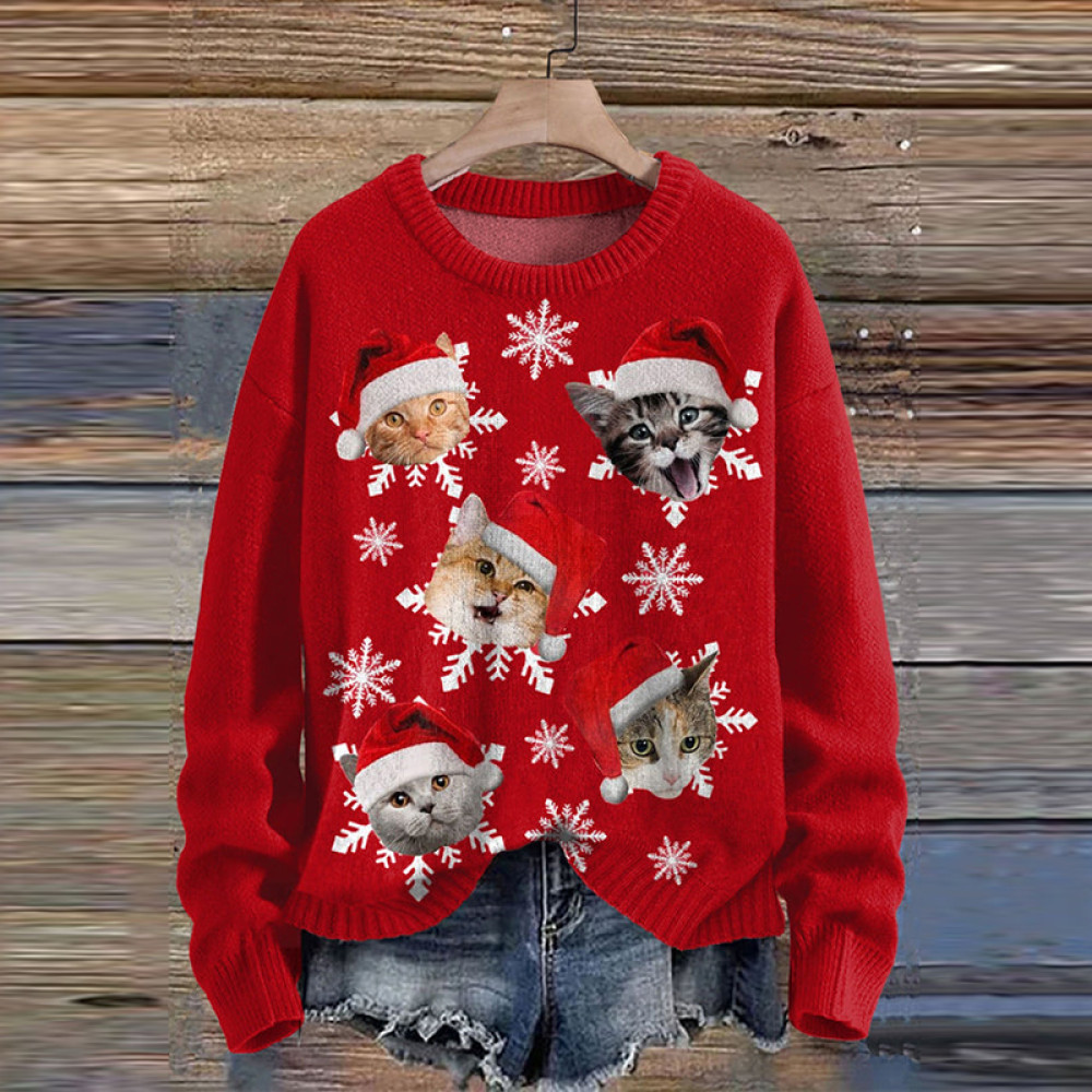 Christmas Cat Print Casual Knitted Sweater
