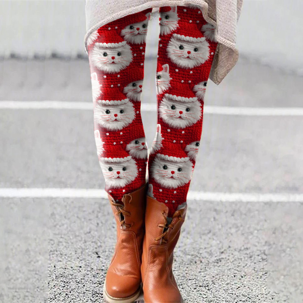 Christmas Cat Print Casual Leggings