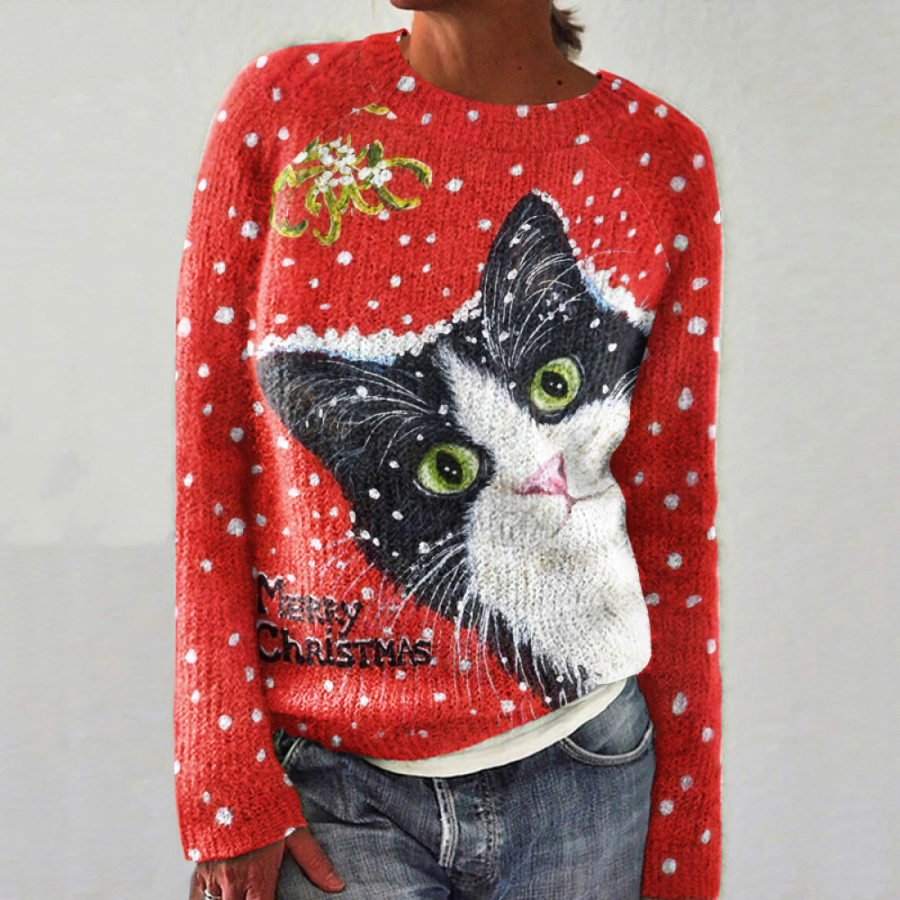 Christmas Cat Print Crew Neck Long Sleeve Sweater