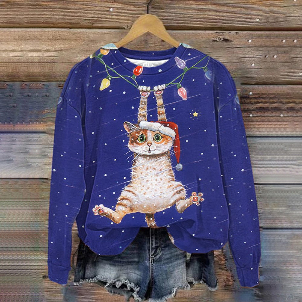 Christmas Cat Print Crew Neck Long Sleeve Sweatshirt