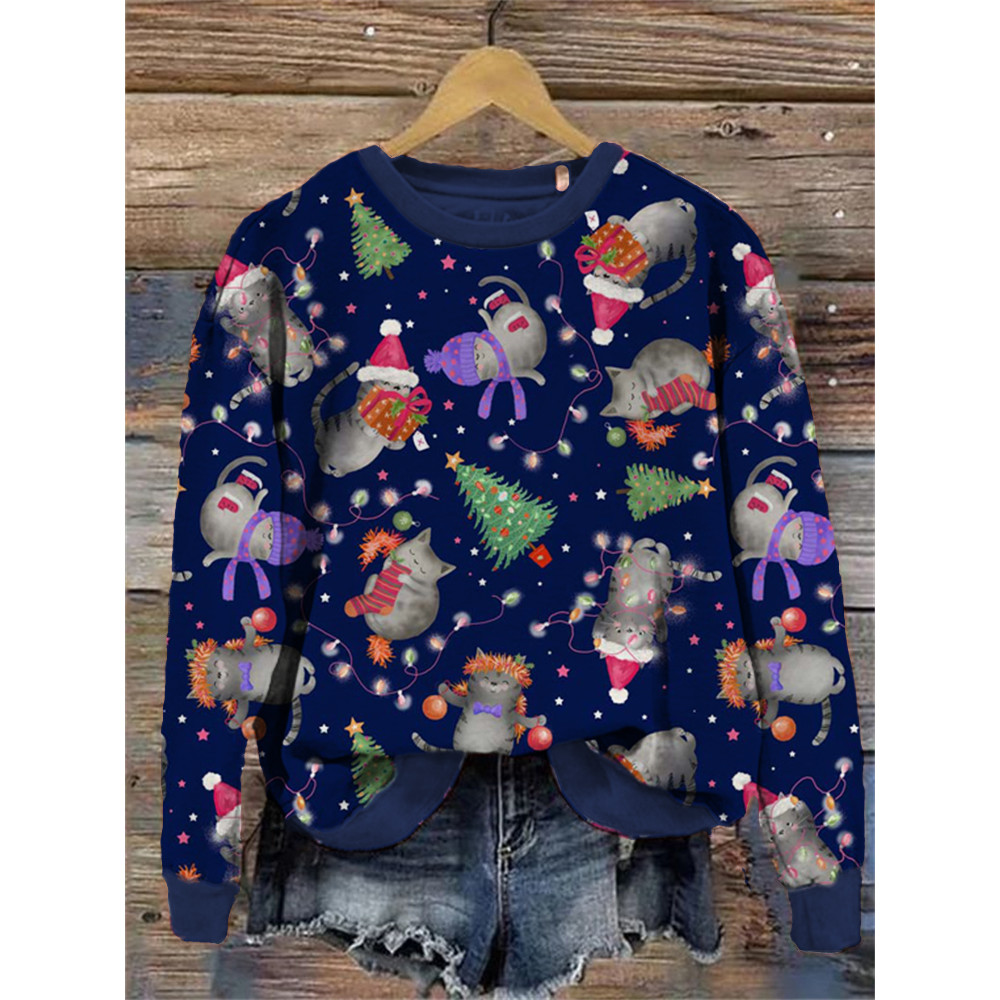 Christmas Cat Print Crew Neck Sweatshirt