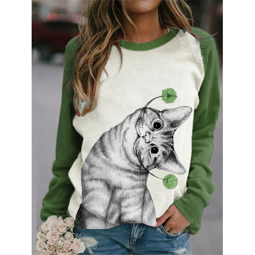 Christmas Cat Print Crew Neck Sweatshirt