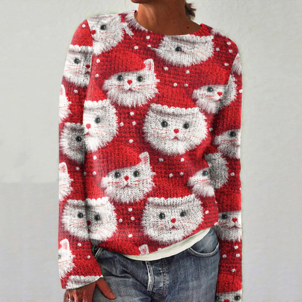 Christmas Cat Print Knitted Pullover Sweater