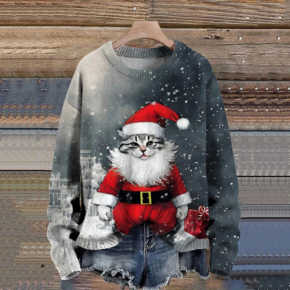 Christmas Cat Print Knitted Pullover Sweater