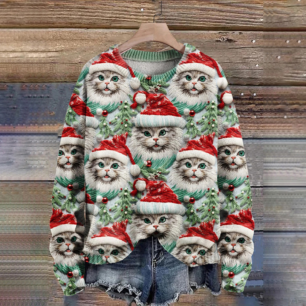 Christmas Cat Print Knitted Pullover Sweater