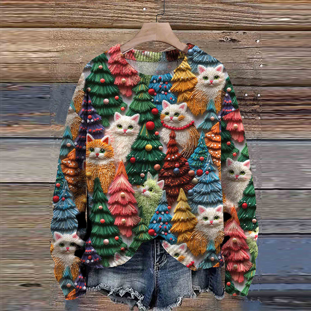 Christmas Cat Print Knitted Sweater