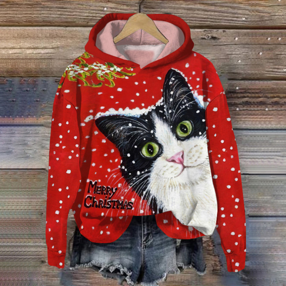 Christmas Cat Print Long Sleeve Casual Hoodie