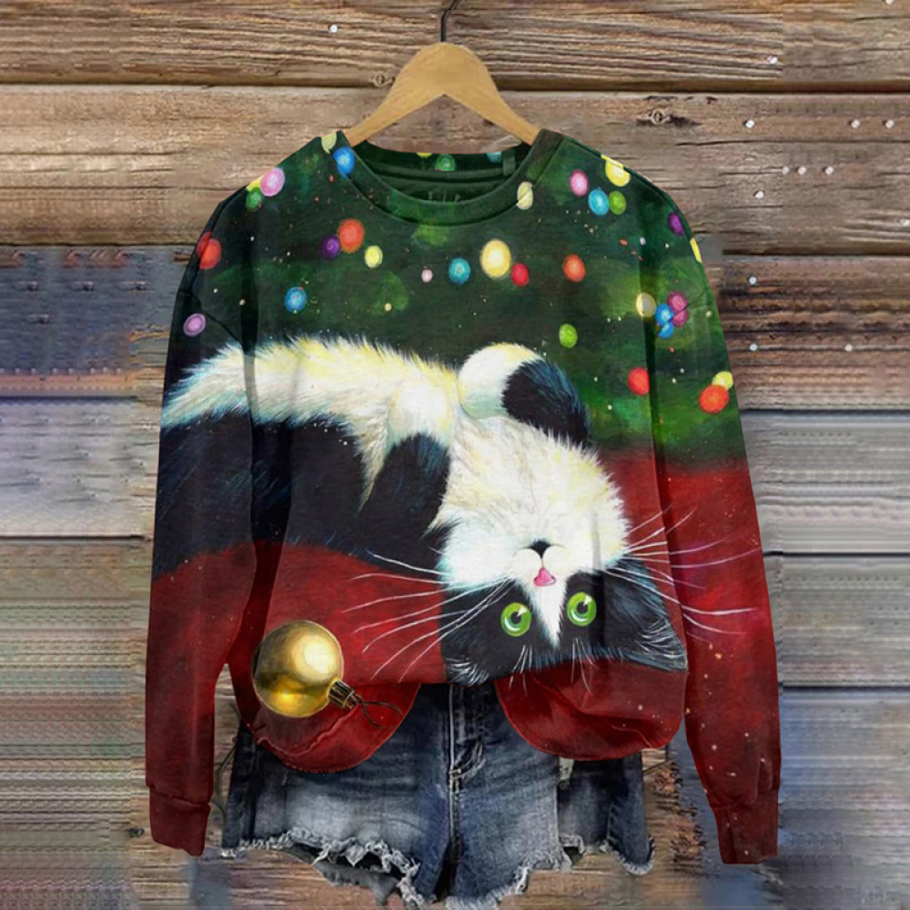 Christmas Cat Print Long Sleeve Casual Sweatshirt