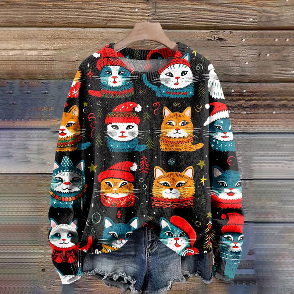 Christmas Cat Print Long Sleeve Knitted Pullover Sweater