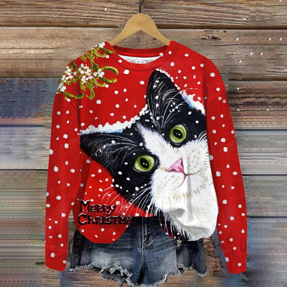 Christmas Cat Print Round Neck Long Sleeve Sweatshirt