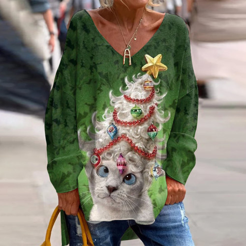 Christmas Cat Print V-Neck Long Sleeved Loose T-Shirt