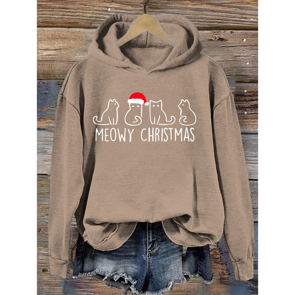 Christmas Cat Printed Pullover Sweatshirt