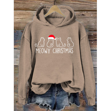 Christmas Cat Printed Pullover Sweatshirt