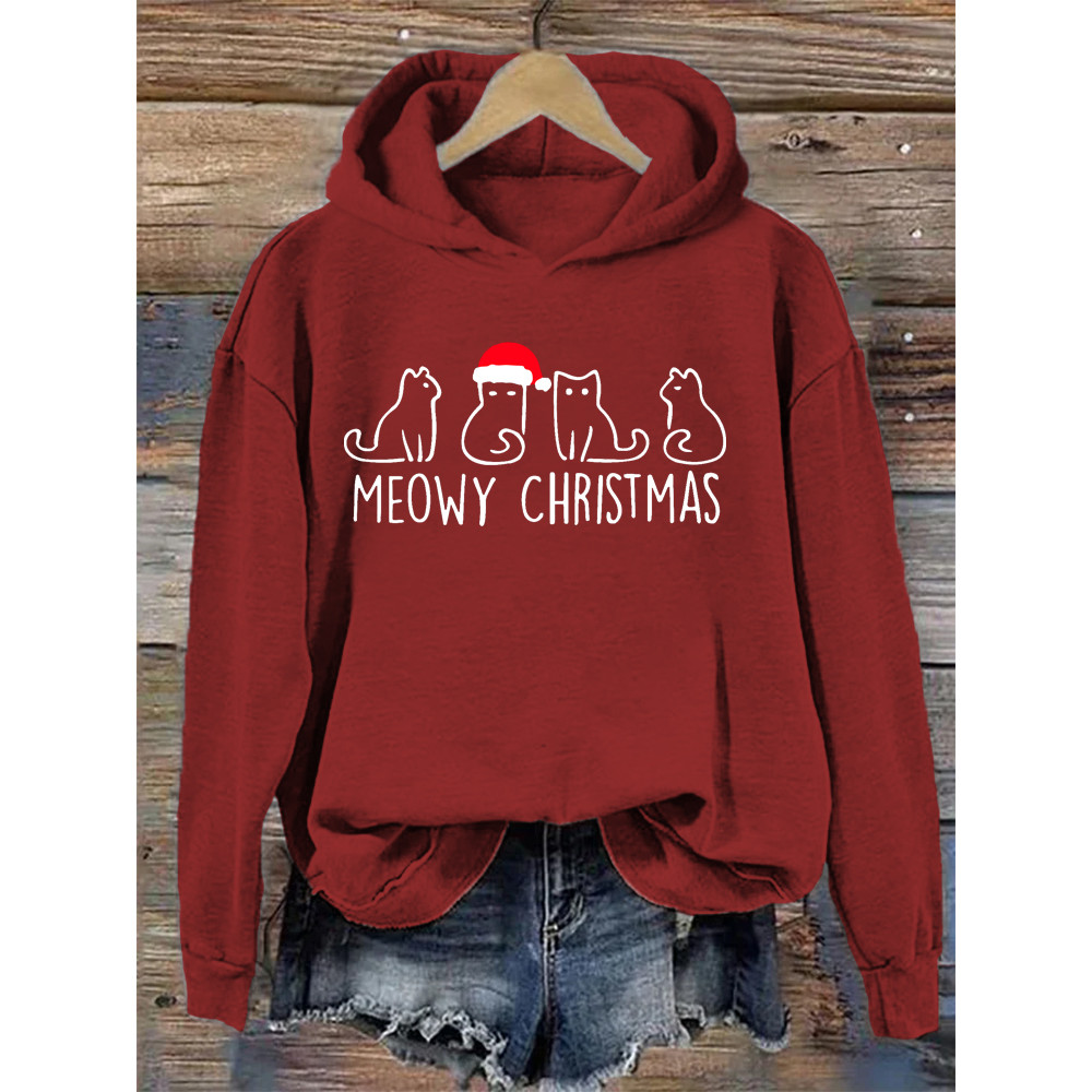 Christmas Cat Printed Pullover Sweatshirt