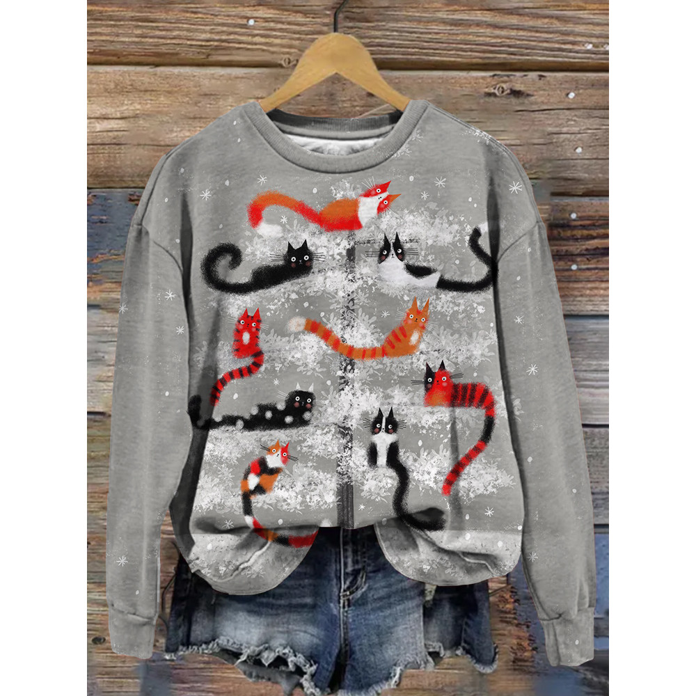 Christmas Cat Tree Art Vintage Comfy Sweatshirt