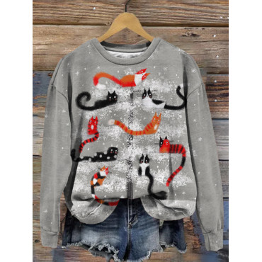 Christmas Cat Tree Art Vintage Comfy Sweatshirt