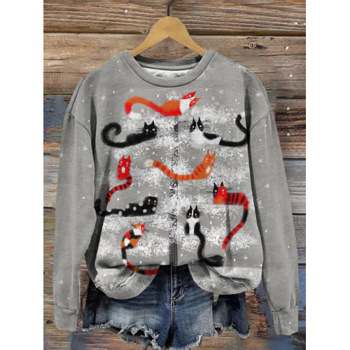 Christmas Cat Tree Art Vintage Comfy Sweatshirt