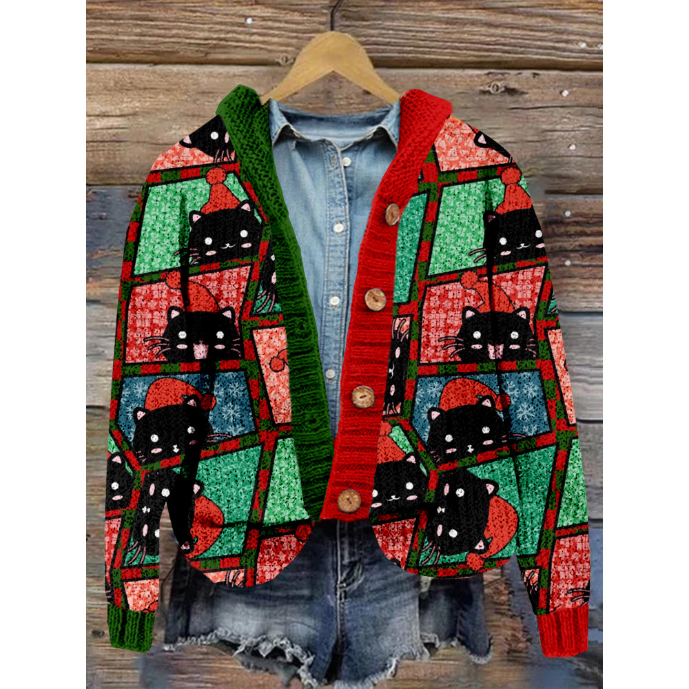 Christmas Cat in Santa Hat Cozy Hooded Cardigan
