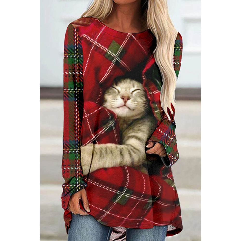 Christmas Check Cat Print Long Sleeve Tunic