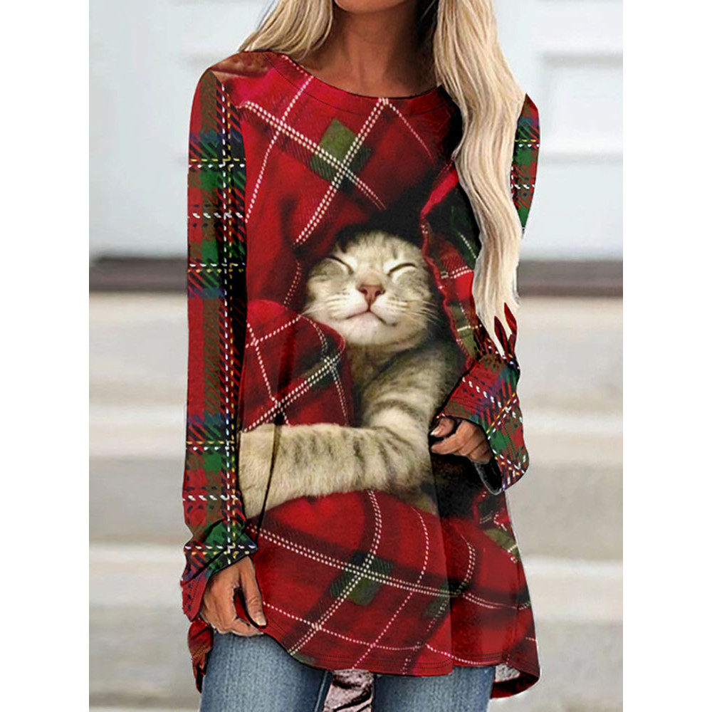 Christmas Check Cat Print Long Sleeve Tunic