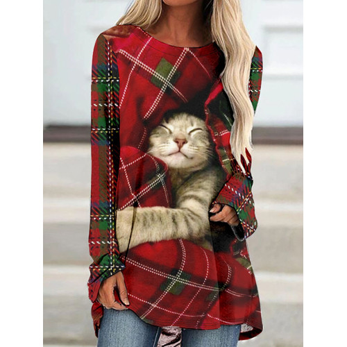 Christmas Check Cat Print Long Sleeve Tunic