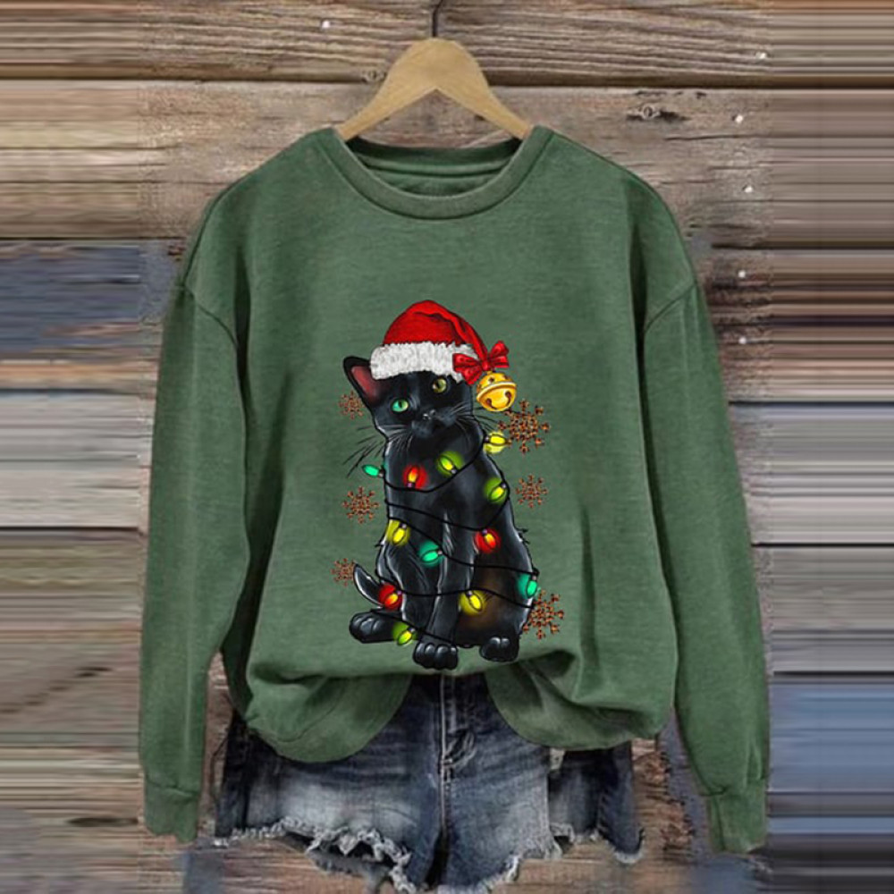 Christmas Lights Cat Print Crew Neck Sweatshirt