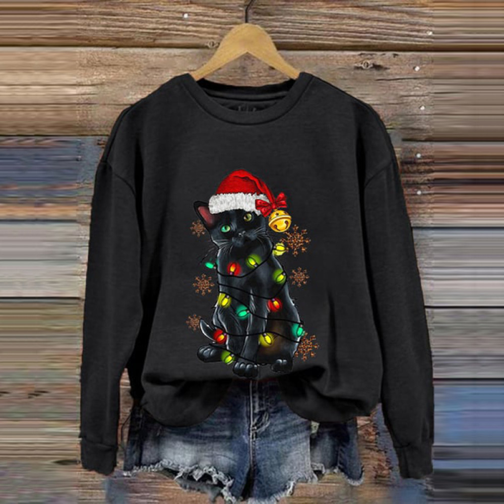 Christmas Lights Cat Print Crew Neck Sweatshirt