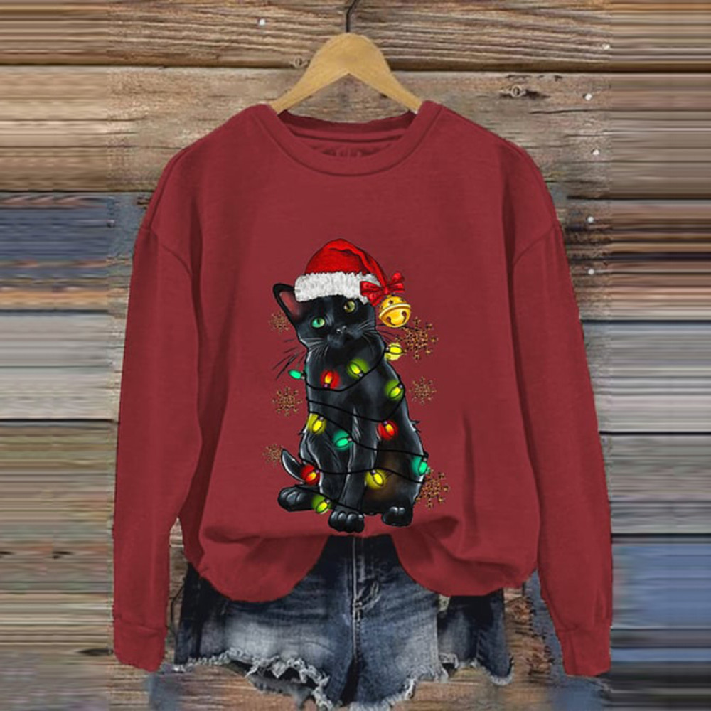 Christmas Lights Cat Print Crew Neck Sweatshirt