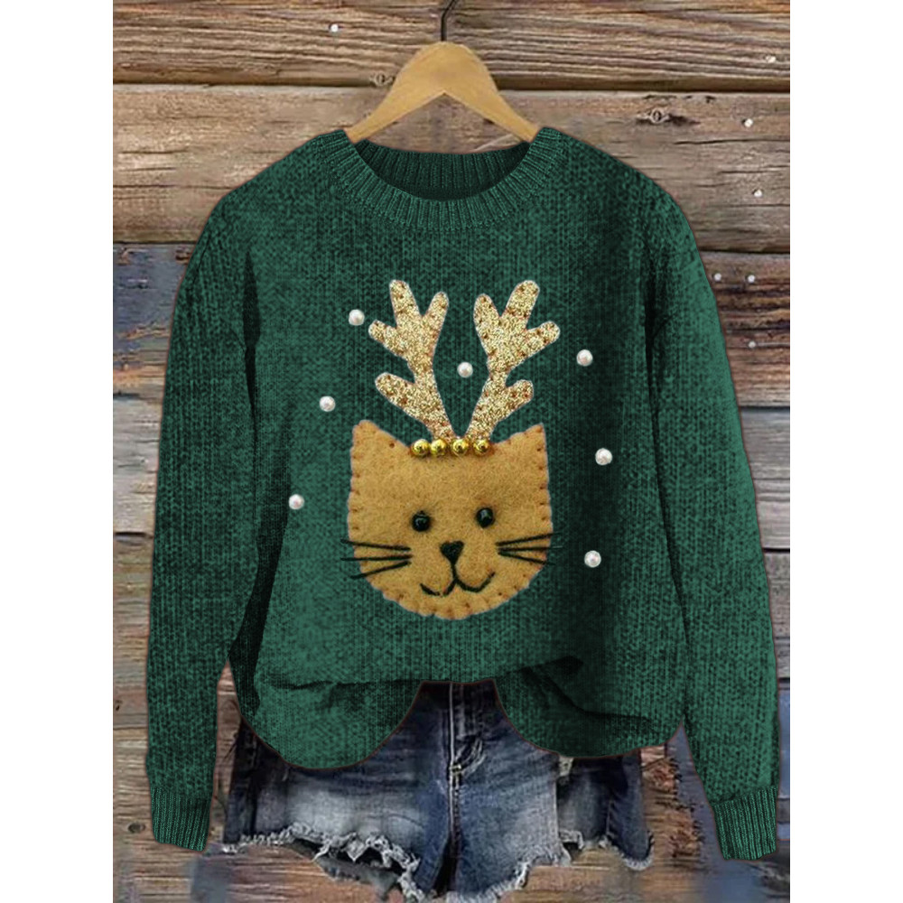 Christmas Reindeer Cat Patch Cozy Knit Sweater