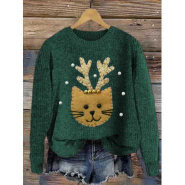Christmas Reindeer Cat Patch Cozy Knit Sweater