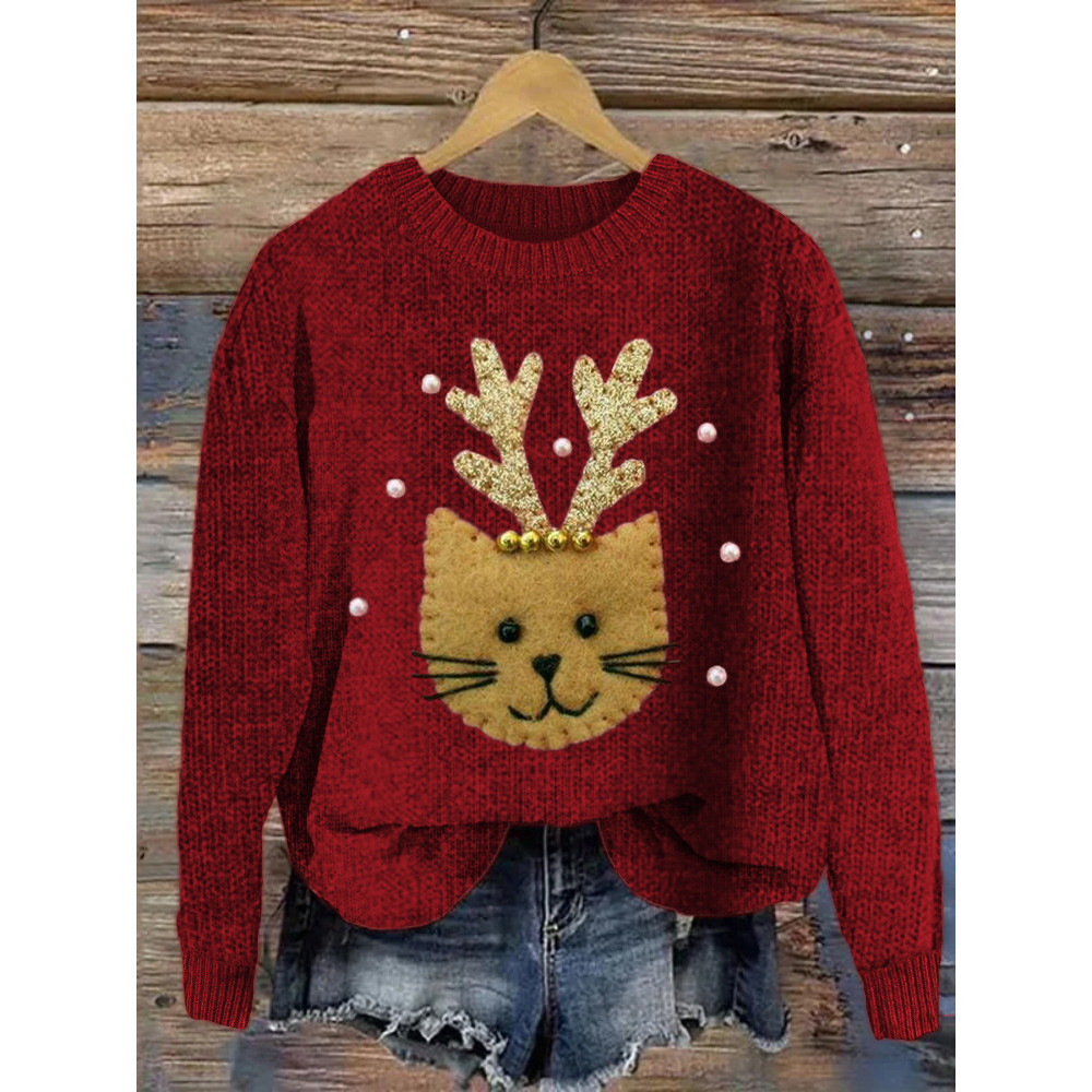 Christmas Reindeer Cat Patch Cozy Knit Sweater