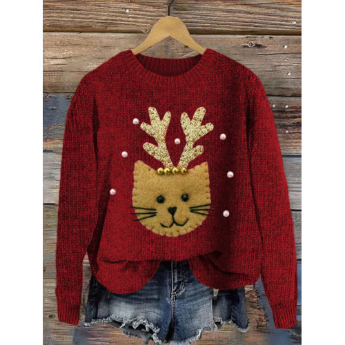 Christmas Reindeer Cat Patch Cozy Knit Sweater