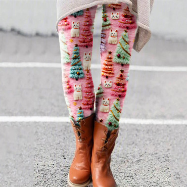 Christmas Tree Cat Print Casual Leggings