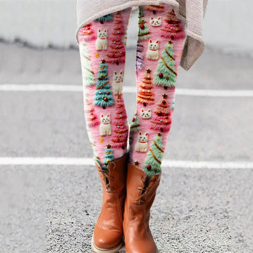 Christmas Tree Cat Print Casual Leggings
