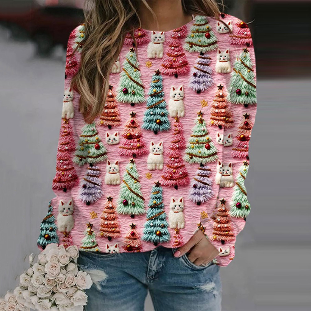 Christmas Tree Cat Print Crew Neck Sweatshirt