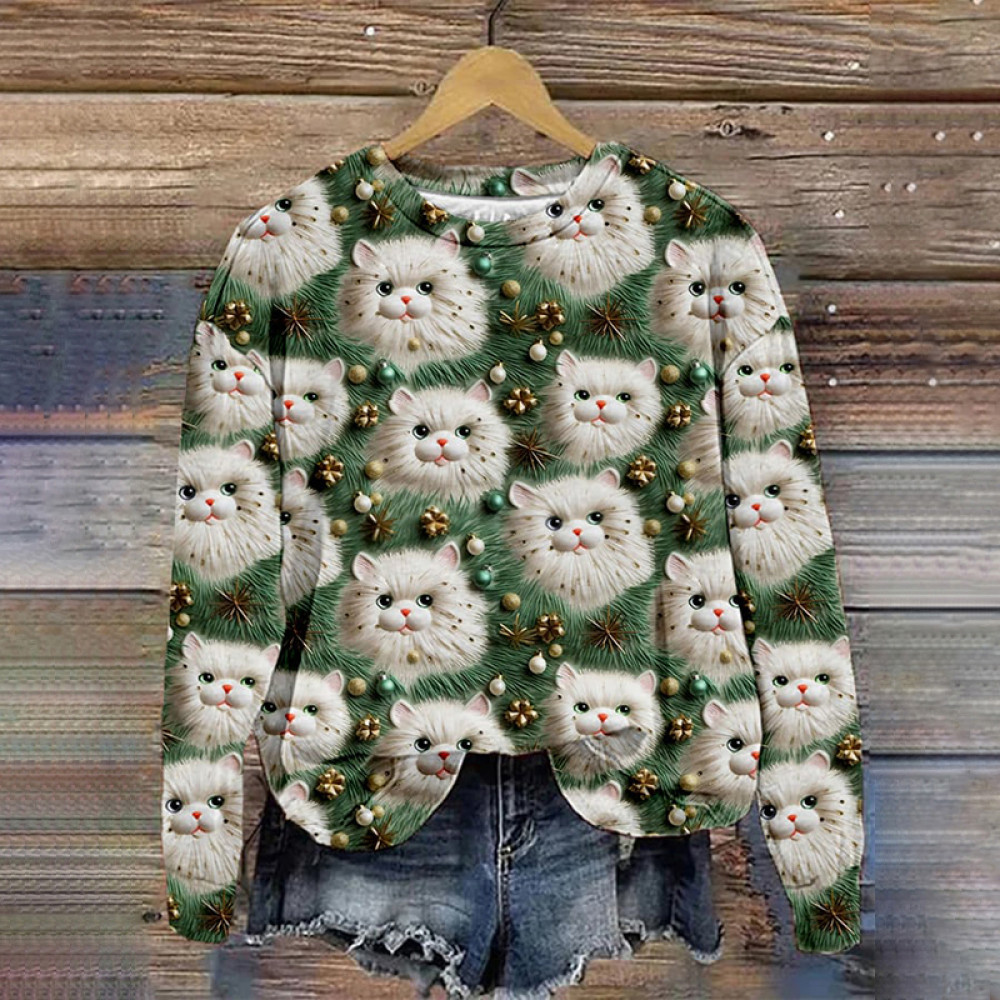 Christmas Tree Cat Print Crew Neck Sweatshirt