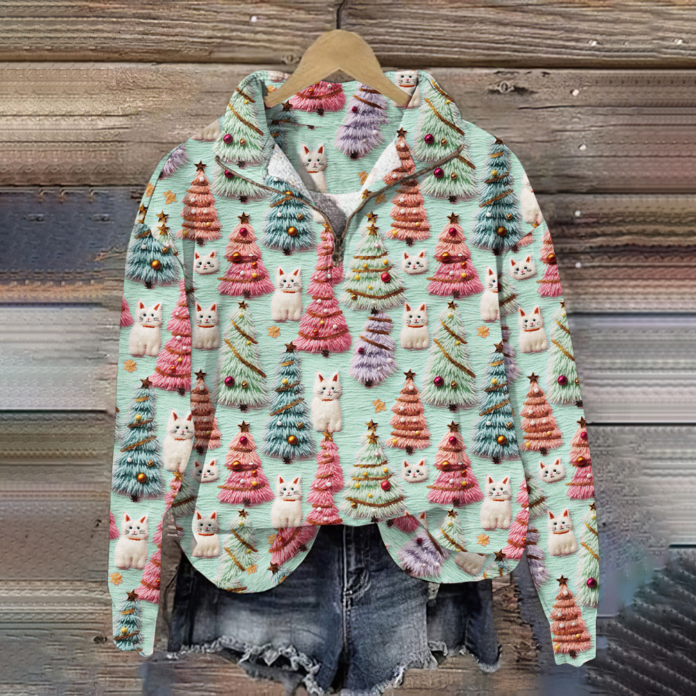 Christmas Tree Cat Print V-Neck Zipper Casual Sweatshirt