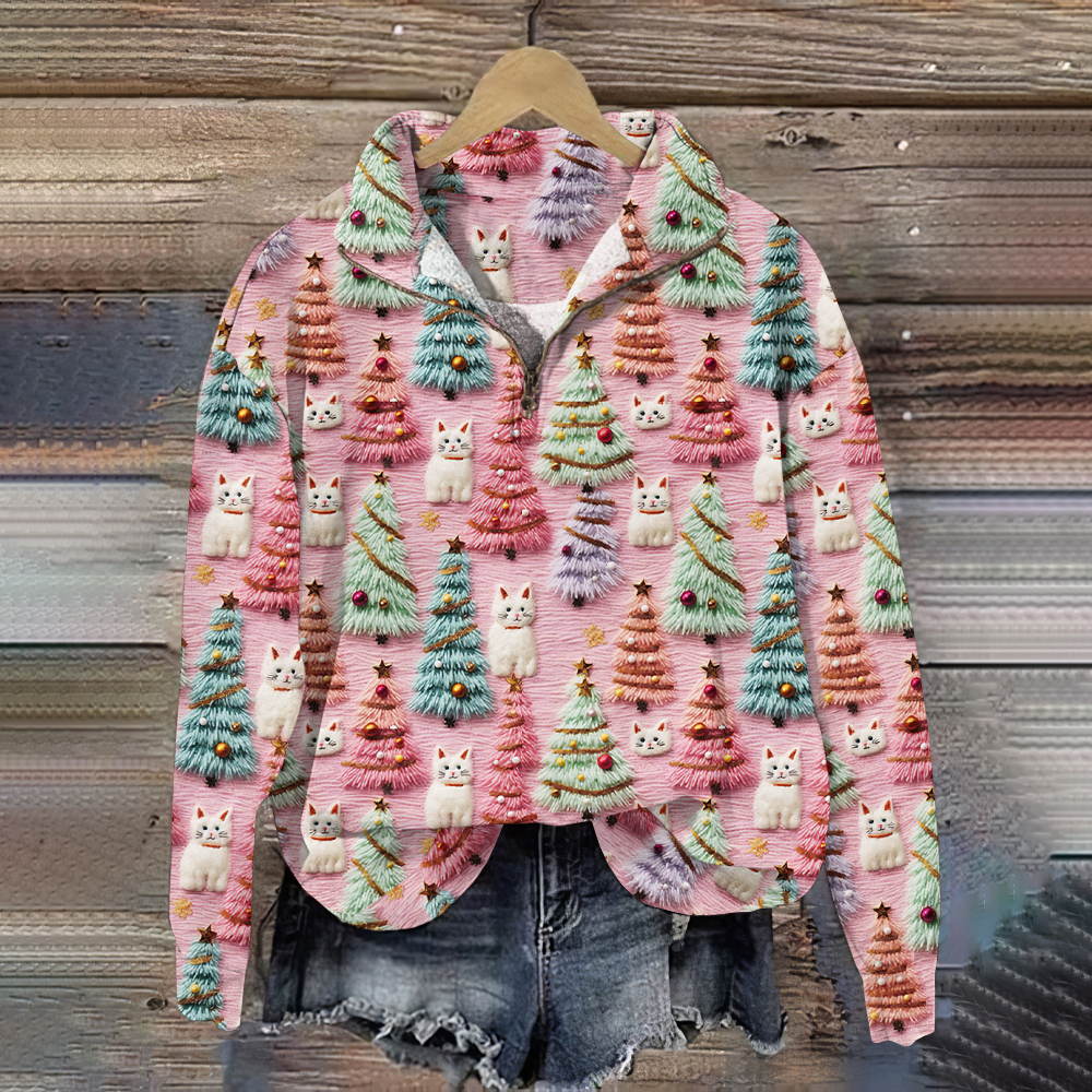Christmas Tree Cat Print V-Neck Zipper Casual Sweatshirt
