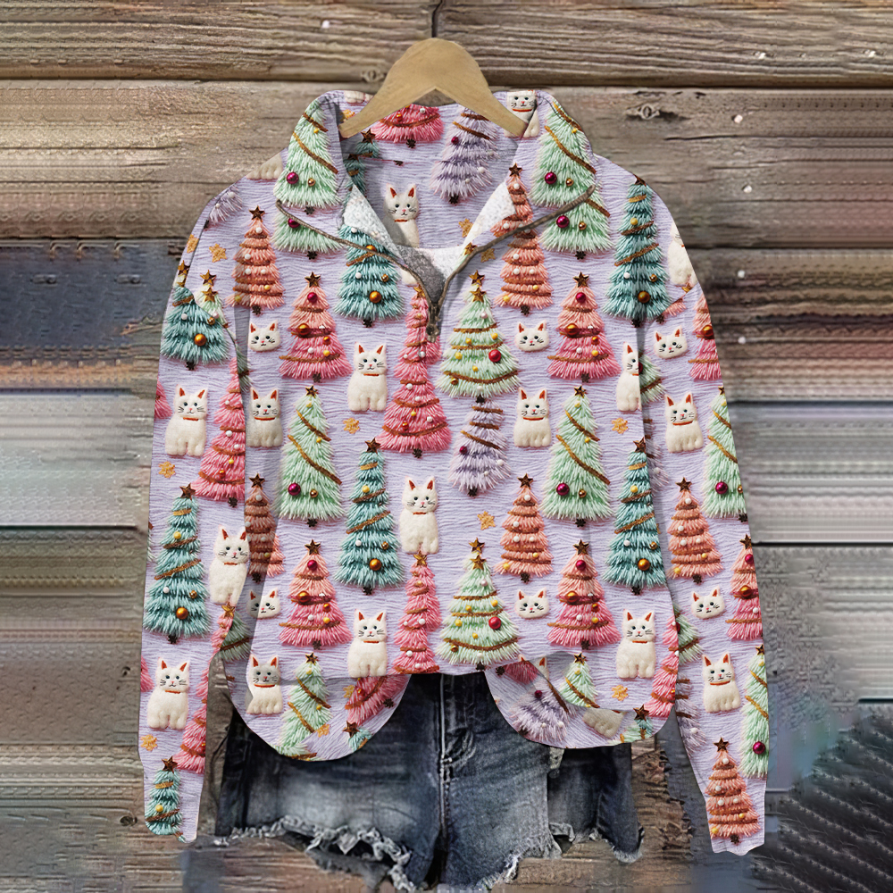 Christmas Tree Cat Print V-Neck Zipper Casual Sweatshirt