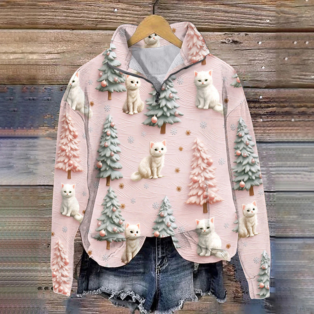 Christmas Tree Cute Cat Print Casual Hoodie Sweatshirt