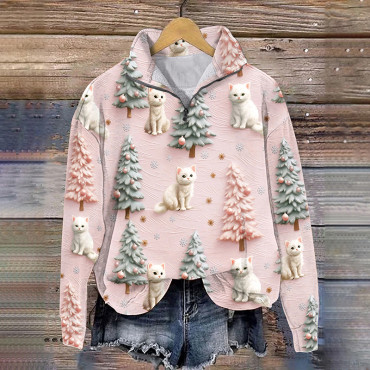 Christmas Tree Cute Cat Print Casual Hoodie Sweatshirt