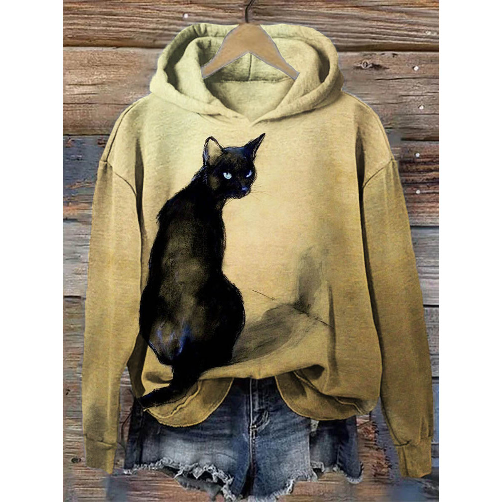 Classy Black Cat Art Graphic Cozy Hoodie